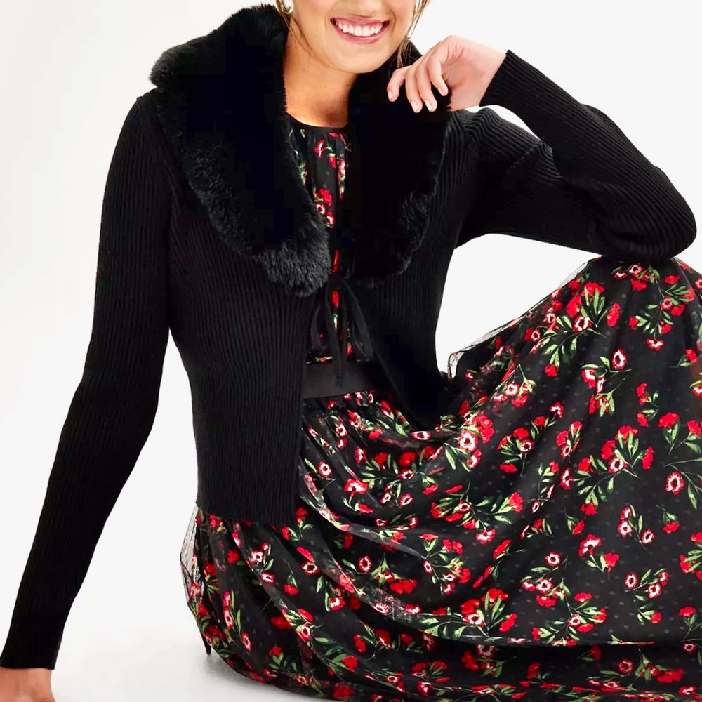 Draper James Tie Front Cardigan Removable Faux Fur - NEW